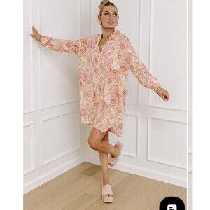 Women’s Entro Floral Shift Shirt Dress Button Down Orange Coral Long Sleeve L